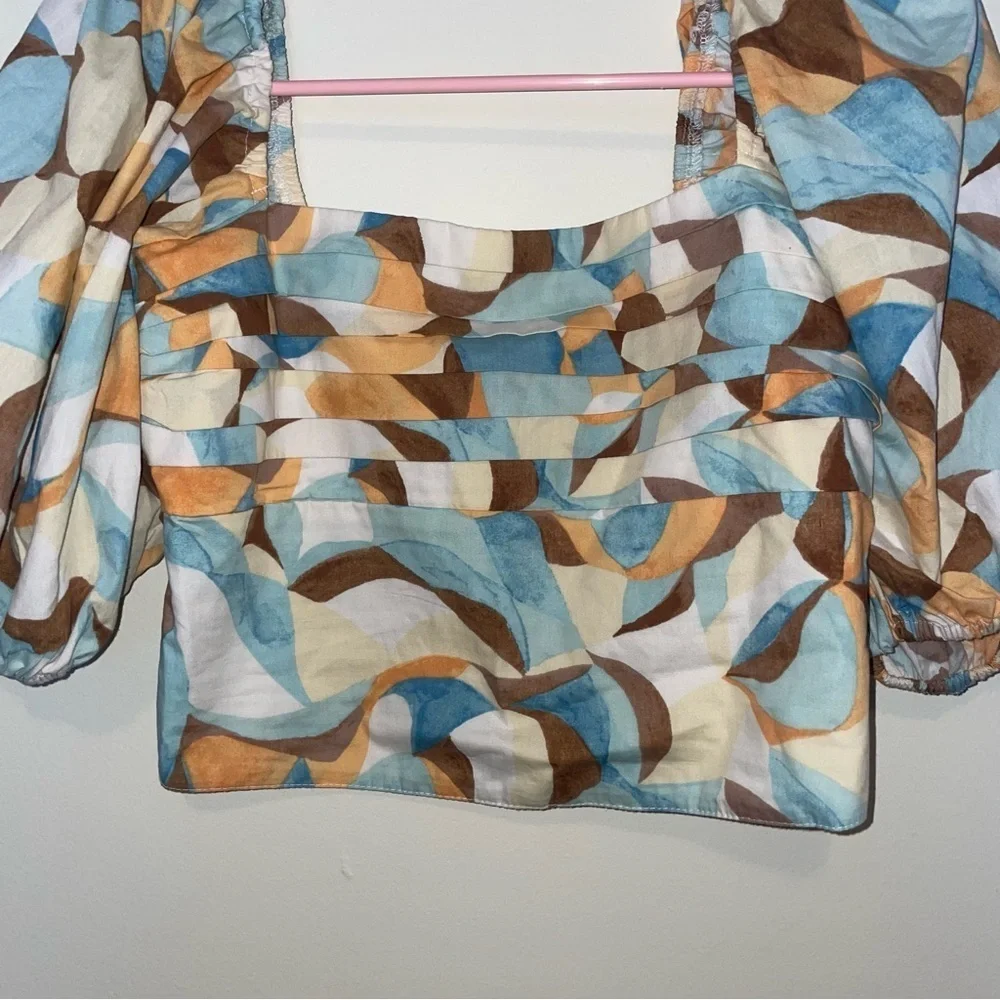 Abercrombie & Fitch Puff Sleeve Square Neck Crop Funky Print Top Size Small - Picture 2 of 5